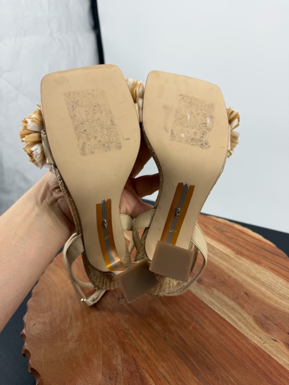 Sam Edelman Clare heel Sandals square toe raffia pom-pom ankle strap 6.5 - Picture 9 of 11